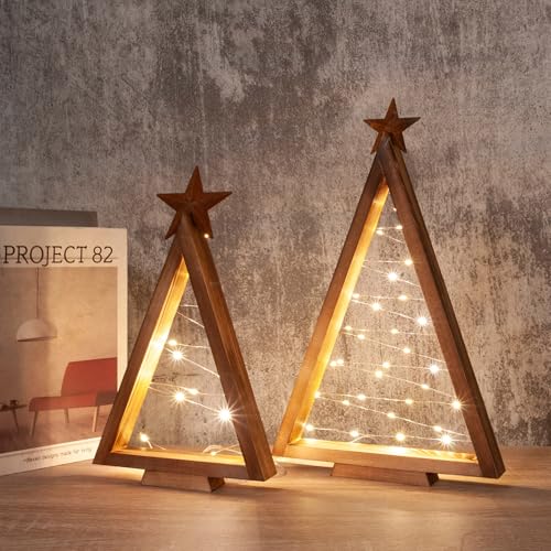 Leuchtender Weihnachtsbaum Deko aus Holz, 2 Stück Weihnachtsdeko Mit Lichterkette, LED Tannenbaum Innen, Mit LED Licht für Weihnachten (A) von FZQBEY