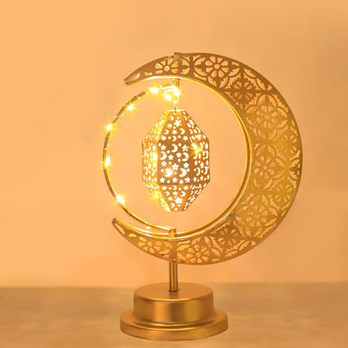 Ramadan Deko LED Mond Stern Lampe Lichterkette, Metall Rattan Ramadan Dekoration Lichter, Eid Mubarak Dekoration Nachtlicht, Ramadan Lichter Schreibtischlampe Nachttischlampe für Ramadan Tischdeko (A) von FZQBEY