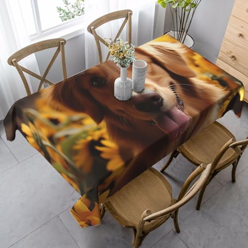 FZQVSLCM Tischdecke für rechteckige Tische, wasserdicht, Golden Retriever, Sonnenblume, knitterfrei, Bauernhaus-Esstischabdeckung, robuster Stoff, Tischdecke für drinnen und draußen, 140 x 89 cm von FZQVSLCM