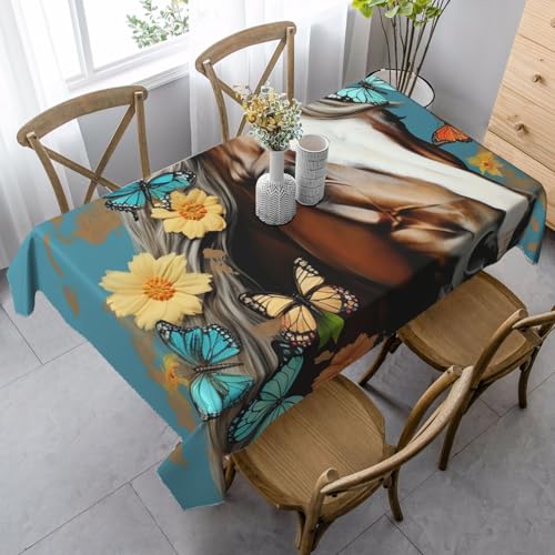 Tischdecke für rechteckige Tische, wasserdicht, Motiv: Pferd mit Blumen und Schmetterlingen, knitterfrei, Bauernhaus-Esstischabdeckung, robuster Stoff, Tischdecke für drinnen und draußen, 140 x 89 cm Tischdecke für rechteckige Tische, wasserdicht, Motiv: Pferd mit Blumen und Schmetterlingen, knitterfrei, Bauernhaus-Esstischabdeckung, robuster Stoff, Tischdecke für drinnen und draußen, 140 x 89 cm von FZQVSLCM