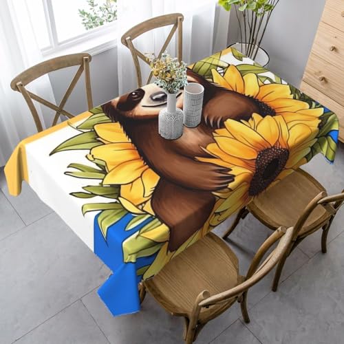Tischdecken für rechteckige Tische, wasserdichte Tischdecke, Cartoon-Faultier sitzt auf Sonnenblume, knitterfrei, Bauernhaus-Esstischdecke, robuster Stoff, Tischdecke für drinnen und draußen, 140 x 89 von FZQVSLCM