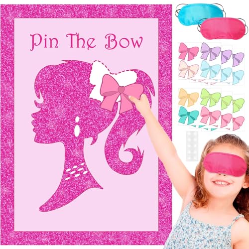 FZR Legend Pink Girl Party Supplies Dekorationen, niedliche Mädchen Prinzessin Pin The Bow on the Head Partyspiel, großes Poster mit 24 Schleifen-Aufklebern, Gastgeschenke für Kindergeburtstage von FZR Legend