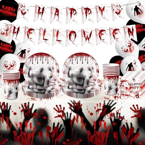 Halloween Partygeschirr Set, Pappgeschirr Pappteller Becher Servietten, Halloween Deko Tisch Geburtstag Set für Kinder Mädchen Jungen (Rot) von FaDazCruxt