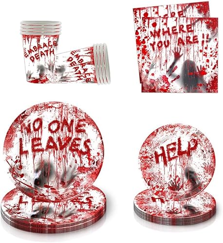 Halloween Partygeschirr Set, Pappgeschirr Pappteller Becher Servietten, Halloween Deko Tisch Geburtstag Set für Kinder Mädchen Jungen (Rot-2) von FaDazCruxt
