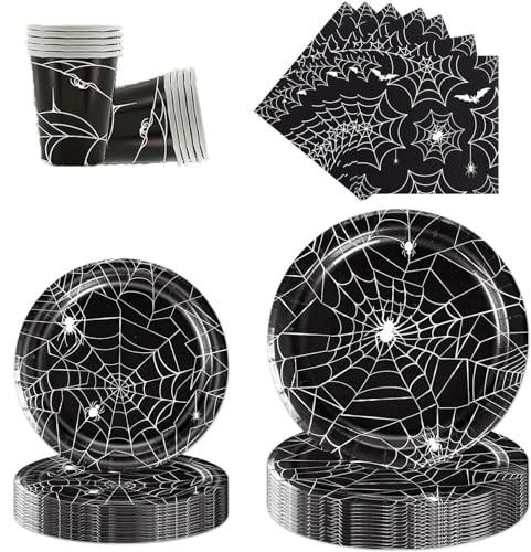 Halloween Partygeschirr Set, Pappgeschirr Pappteller Becher Servietten, Halloween Deko Tisch Geburtstag Set für Kinder Mädchen Jungen (schwarz) von FaDazCruxt