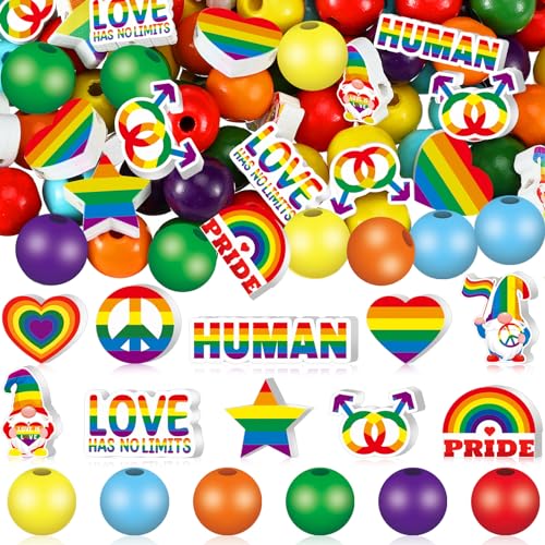 Fabbay LGBTQ bunte Holzperlen mit Regenbogen-Holzperlen, Holzkugeln mit Löchern, Abstandshalter aus Holz, Großpackung für Weihnachten, Urlaub, Party, Girlande, Baum, zum Aufhängen, Basteln von Fabbay
