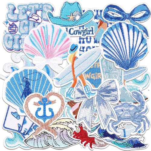 24 Stück Küsten-Cowgirl-Bügelbilder, Sommerlicher Ozean-Stickaufnäher, geeignet für Hüte, Kleidung, Jeans, Strandtaschen, DIY-Modedekoration 24 Stück Küsten-Cowgirl-Bügelbilder, Sommerlicher Ozean-Stickaufnäher, geeignet für Hüte, Kleidung, Jeans, Strandtaschen, DIY-Modedekoration von FabbyGlow