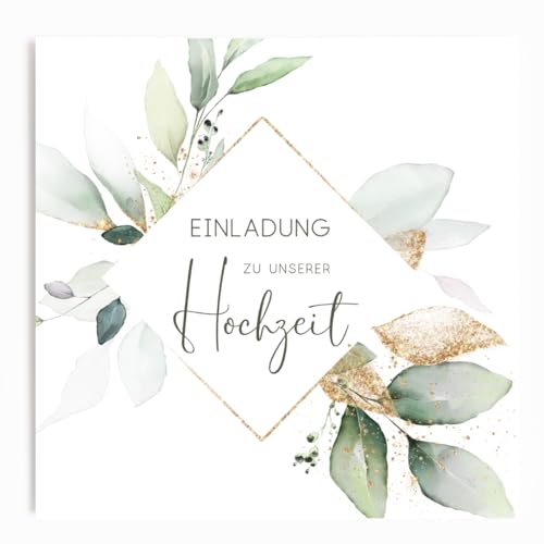 Fabelhafte Dinge Hochzeitseinladungen, Einladungskarten, Klappkarten, Hochzeit, quadratisch, 14,8 x 14,8 cm, mit Umschlägen, 25 Stück/50 Stück, Boho grün-gold, 50 Stück von Fabelhafte Dinge
