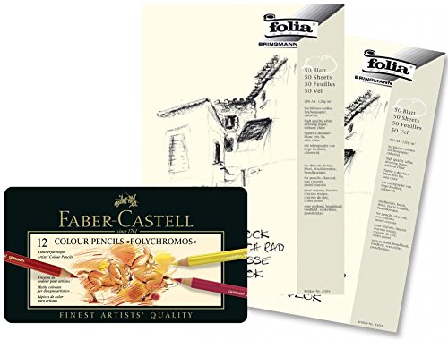 Faber-Castell 110012 - Künstlerfarbstift POLYCHROMOS, 12er Metalletui Set mit 2 Skizzenblöcken A4 von Faber-Castell