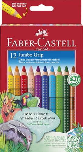 Faber-Castell 110912 Jumbo Grip Buntstifte für Kinder, 12er-Jumbo-Buntstifte-Set, Malstifte mit Grip und dreieckigem Schaft, wasserlöslichen Pigmenten, leicht auswaschbar und bruchsicher, Schulsachen von Faber-Castell