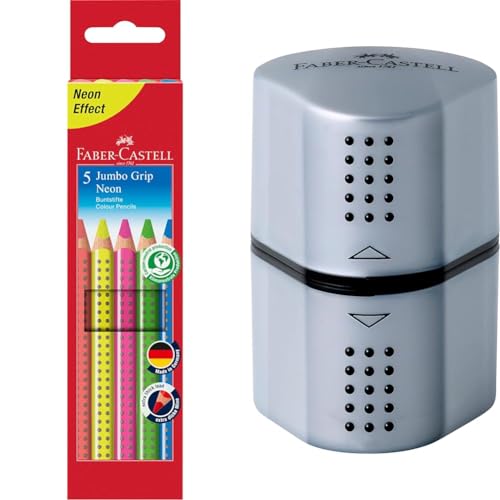 Faber-Castell 110994 - Jumbo Buntstifte Set GRIP Neon, 5-teilig, bruchsicher, für Kinder und Erwachsene & 183800 - Dosenspitzer Grip 2001, 3in1, Anspitzer mit Behälter für Blei- und Buntstifte von Faber-Castell