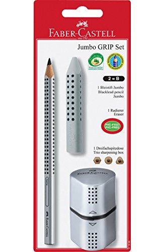 FABER-CASTELL 111996 - Bleistiftset Jumbo GRIP 2001, mit Bleistift B, Radierer und Spitzer, silber von FABER-CASTELL