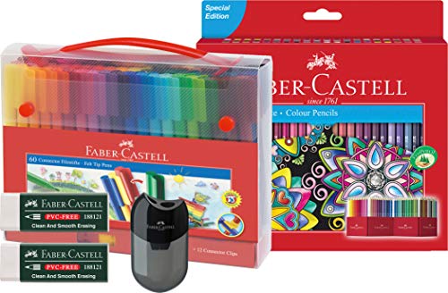 Faber-Castell 115894 - Buntstift hexagonal, 60er ökologisches Kartonetui + 60er Etui Filzstifte + Doppelspitzer und 2 PVC-freie Radierer von Faber-Castell