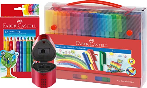 Faber-Castell 155560 - Filzstift Connector in Koffer, 60-teilig Malset inkl. 12 Jumbo Grip Buntstifte und Spitzdose von Faber-Castell