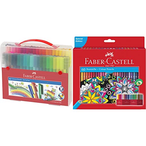 Faber-Castell 155579 - Filzstift Connector, im Koffer, 80-teilig, 1 Stück & 111260 - Buntstift Castle, 60er Kartonetui von Faber-Castell