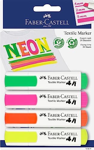 Faber-Castell 159591 - Textilmarker in Neonfarben für helle Stoffe, 4 Neon Marker, 1-5 mm Strichbreite von Faber-Castell