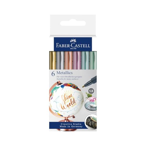 FABER-CASTELL 160706 - Metallics Marker mit Faserspitze, 1,5 mm Strichstärke, für viele Oberflächen geeignet, mit Metalliceffekt in gold, silber, bronze, lila, blau und grün, 6er Set von FABER-CASTELL