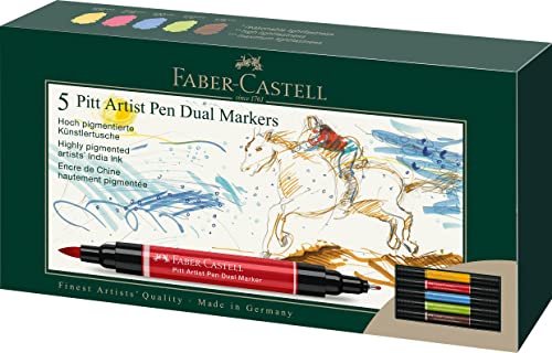 Faber-Castell 162005 - Pitt Artist Pen Dual Marker Tuschestift, mit zwei Spitzen, eine Pinselspitze und eine metallgefasste Faserspitze, 5er Kartonetui von Faber-Castell