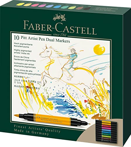 Faber-Castell 162010 - Pitt Artist Pen Dual Marker Tuschestift, mit zwei Spitzen, eine Pinselspitze und eine metallgefasste Faserspitze, 10er Kartonetui von Faber-Castell