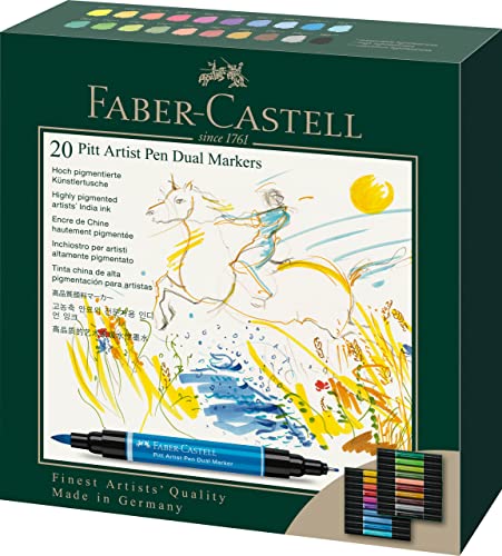 Faber-Castell 162020 - Pitt Artist Pen Dual Marker Tuschestift, mit zwei Spitzen, eine Pinselspitze und eine metallgefasste Faserspitze, 20er Kartonetui von Faber-Castell