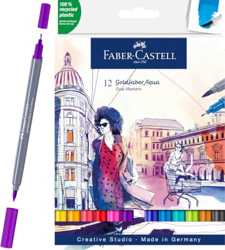 Faber-Castell 164612 - Goldfaber Aqua Dual Marker, mit Pinselspitze und Fineliner Spitze, 12er Etui von Faber-Castell