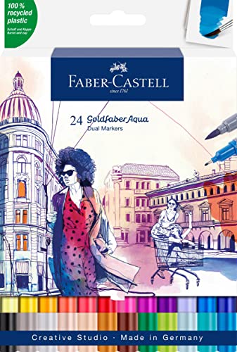 Faber-Castell 164624 - Goldfaber Aqua Dual Marker, mit Pinselspitze und Fineliner Spitze, 24er Etui von Faber-Castell
