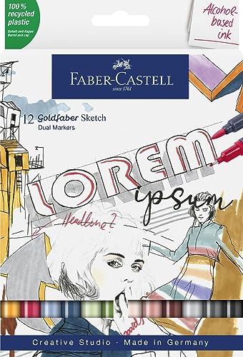 Faber-Castell 164712 - Goldfaber Sketch Marker Stifte Set, Alkohol Marker - Twin Marker Stift für Comics Manga Kalligraphieren Zeichnen, 12er Etui Alcohol Marker mit Brush Spitze und Fineliner Spitze von Faber-Castell