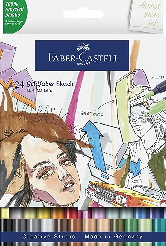 Faber-Castell 164724 - Goldfaber Sketch Marker, 24er Etui Alkohol Marker mit Brush Spitze und Fineliner Spitze von Faber-Castell