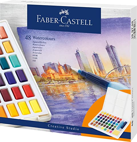 FABER-CASTELL 169748 - Aquarellfarben in Näpfchen, mit Mischpalette und Wassertankpinsel, 48er Etui von Faber-Castell
