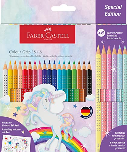 Faber-Castell 201543 Colour Grip Buntstifte für Kinder, 24er-Buntstifte-Set, 6 Pastelltöne, Malstifte mit Grip und dreieckigem Schaft, wasserlöslichen Pigmenten, leicht auswaschbar und bruchsicher von Faber-Castell