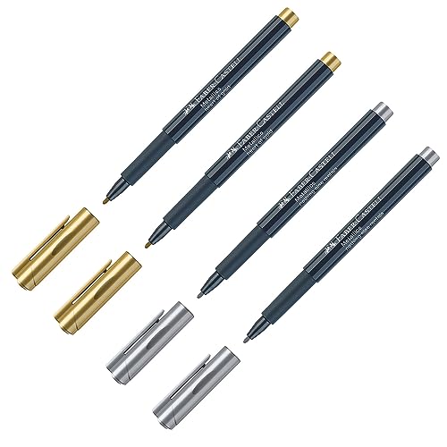 Faber-Castell 205073 - Metallics Marker mit Faserspitze, 4 Stück, für viele Oberflächen geeignet, Metalliceffekt in gold und silber von Faber-Castell