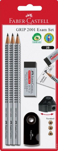FABER-CASTELL 217079 - Bleistiftset Grip 2001 Exam mit 3 Bleistiften, 1 Radierer und 1 Spitzdose, silber/schwarz von Faber-Castell