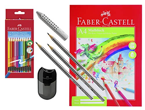 Faber-Castell Doppelspitzdose + Malblock A4 + Dreieckradierer GRIP + 3x Bleistift GRIP 2001 HB + 12er Etui Farbstifte RADIERBAR von Faber-Castell