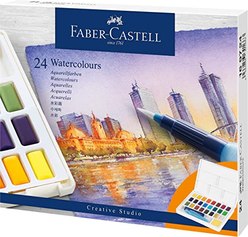 Faber-Castell 169724 - Aquarellfarben, 24 Farbnäpfchen, inkl. Mischpalette und Wassertankpinsel, Verschiedene Farben von Faber-Castell