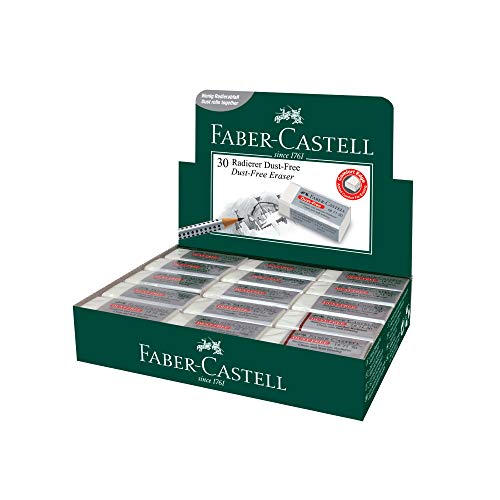 Faber-Castell Staubfreier weißer Radiergummi (Box mit 30 Stück) – weiches Radieren, Komfortrand, latexfrei, ideal für schwarze Blei-Radierer für Schule, Büro und Zuhause von Faber-Castell