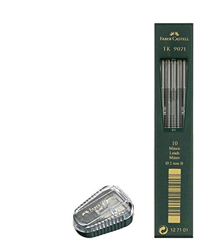Faber-Castell TK® Minenspitzer, mit Auffangbehälter, Gehäusefarbe: grün + 10x 2mm Fallminen TK9071 Härte B von Faber-Castell