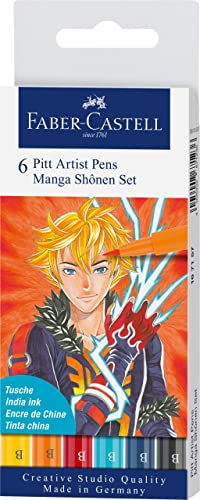 Faber-Castell 167157 Tuschestifte Shônen Set, Etui mit 6 Pinselstiften in Verschiedenen Farben, Ideal für präzises Zeichnen und kreative Manga-Kunstwerke von Faber-Castell
