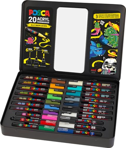 Faber-Castell uni-ball 186830 - POSCA Marker Set, 20er Etui, inkl. Anleitungen für 3 Graffiti Charaktere von Faber-Castell