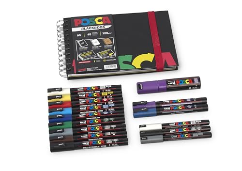 Faber-Castell uni-ball 205087 - POSCA Marker Set XL, 15 POSCA Stifte und ein Sketchbook, für Beruf, Hobby und Freizeit von Faber-Castell