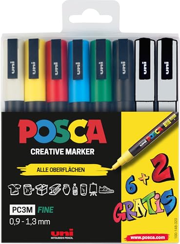 Faber-Castell uni-ball 186825 - POSCA Marker Set, 8er Etui Acrylstifte PC-3M, 0.9 - 1.3 mm, 6 Standardfarben + 2 wechselnde Sonderfarben von Faber-Castell