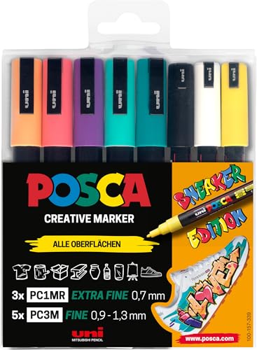 Faber-Castell uni-ball 186827 - POSCA Marker Set Sneaker Stifte, 8er Etui, deckend auf hellen Oberflächen von Faber-Castell