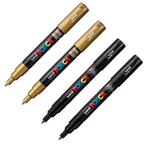 Faber-Castell uni-ball 205081 - POSCA Marker Set, gold und schwarz, 4 Stück, Acrylstifte PC-1MC, 0,7 mm von Faber-Castell