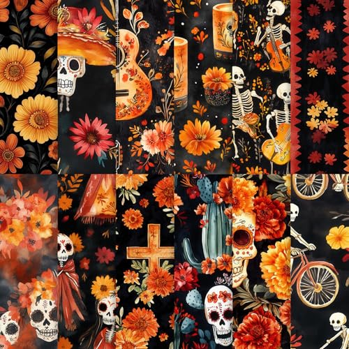 Mexiko Día de Muertos Scrapbook-Papier, dunkles Skelett-Ringelblumen-Papier, Picado, dekoratives Bastelpapier, flach gefaltet für den Tag der Toten, Kartenherstellung, Halloween-Fotoalbum, Dekoration von Fabllewavi