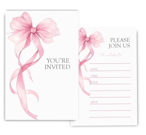 Fablus Geburtstagseinladungen mit rosa Schleife für Mädchen, elegante Schleife, Geburtstagsparty-Einladungen für Mädchen, Kokett-Party-Einladungen, 10,2 x 15,2 cm, 30 Sets mit Umschlägen von Fablus