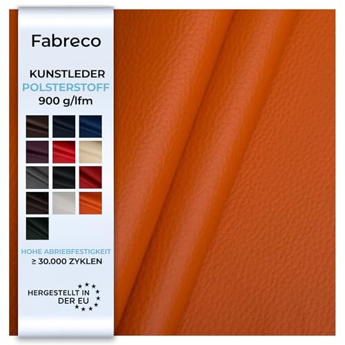 Fabreco - KUNSTLEDER Meterware - Breite 140 cm – Lederimitat in Lederoptik - Bezugsstoff Meterware für Möbelstoffe - Stoffe für Stühle Beziehen - Polsterstoff, Polsterbezug & Möbelstoff (Orange) von Fabreco