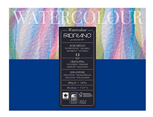 Honsell 17311824 - Fabriano Watercolour Aquarellkarton, 300 g/m², 18 x 24 cm, 12 Blatt, Block kopfgeleimt, naturweiß, Feinkorn, säurefrei, samtartige Oberfläche von Fabriano