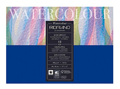 Honsell 17312636 - Fabriano Watercolour Aquarellkarton, 300 g/m², 26 x 36 cm, 12 Blatt, Block kopfgeleimt, naturweiß, Feinkorn, säurefrei, samtartige Oberfläche von Fabriano
