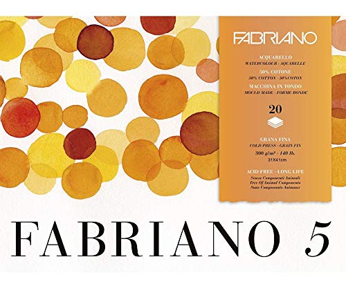 Honsell 19100260 - Fabriano "Disegno 5" hochwertiger Bütten - Aquarellkarton, naturweiß, Feinkorn, 300 g/m², 31 x 41 cm, 20 Blatt, Block 4 seitig geleimt, chlor- und säurefrei von Fabriano