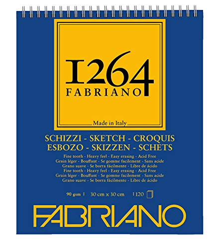 Honsell 19100638 - Fabriano Schizzi Skizzenblock 1264 mit Kopfspirale, 90 g/qm, 30 x 30 cm, 120 Blatt Skizzenpapier in elfenbeinweiß, säurefrei, leicht gekörnt, für alle Trockentechniken von Fabriano