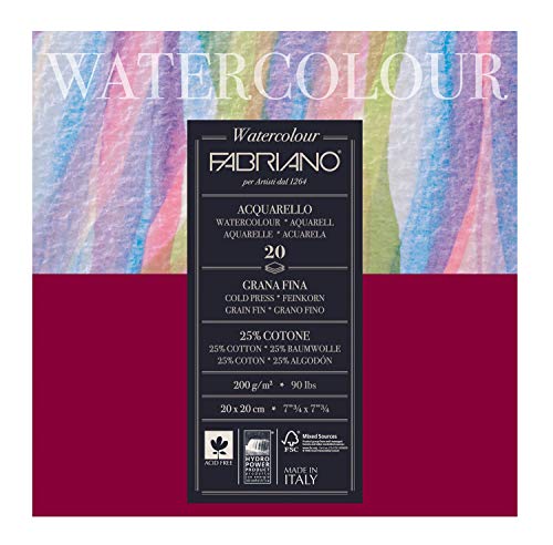 Honsell 72612020 - Fabriano Watercolour Aquarellkarton, 200 g/m², 20 x 20 cm, 20 Blatt, Block 4 fach geleimt, naturweiß, Feinkorn, säurefrei, samtartige Oberfläche von Fabriano